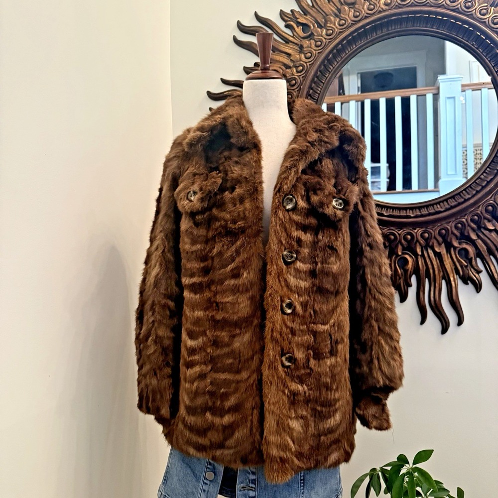Vintage Thomas E McElroy Brown Real Fur Coat Women Medium Hip Length Jacket F/W